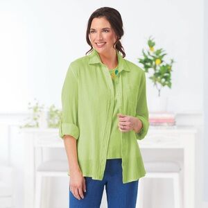 NWOT Serengeti Spring Green Crinkle Cotton Big Shirt Roll Tab Sleeve Top 2X